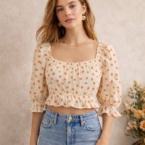 Sabo Skirt Women XS Floral Crop Top Puff Sleeve Cream Orange Boho Square Neck